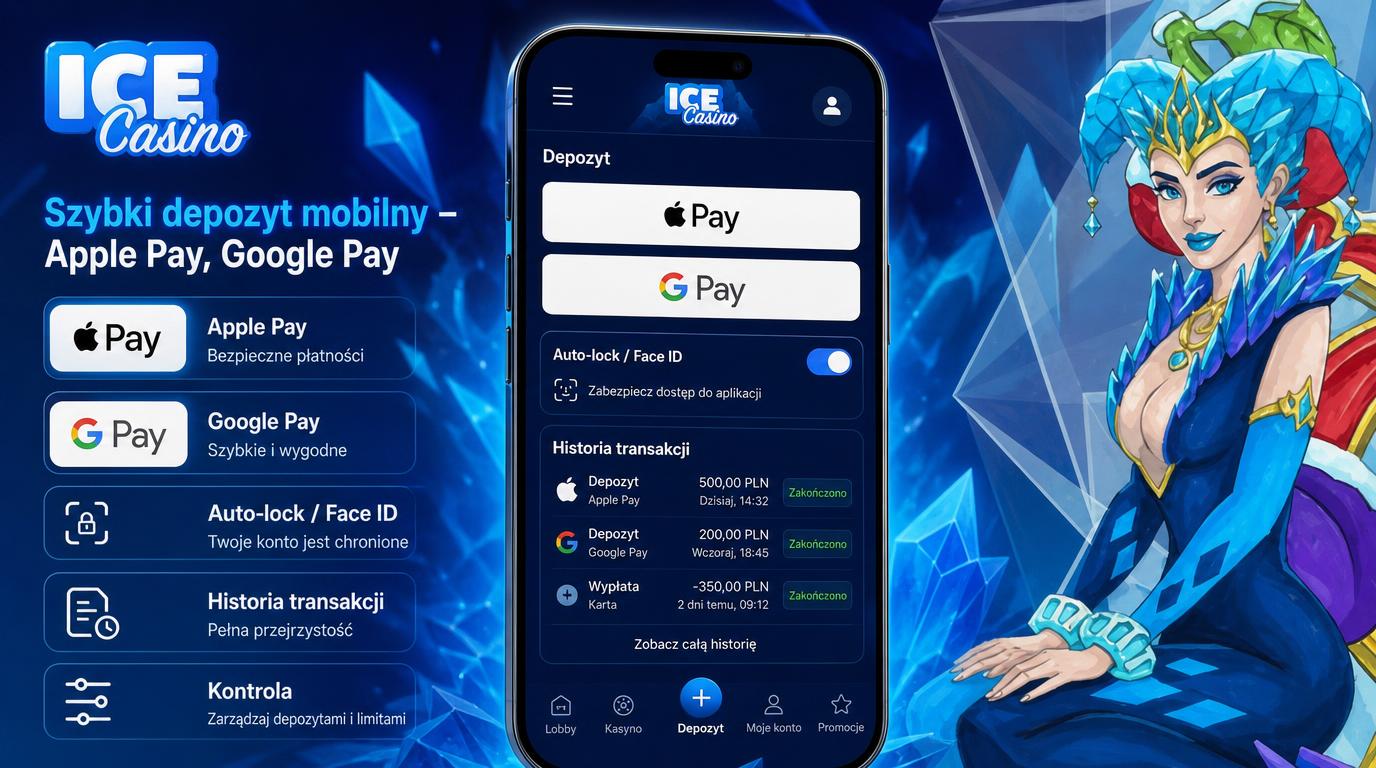Telefon wyświetlający metody płatności mobilnej Ice Casino z Face ID i historią transakcji.