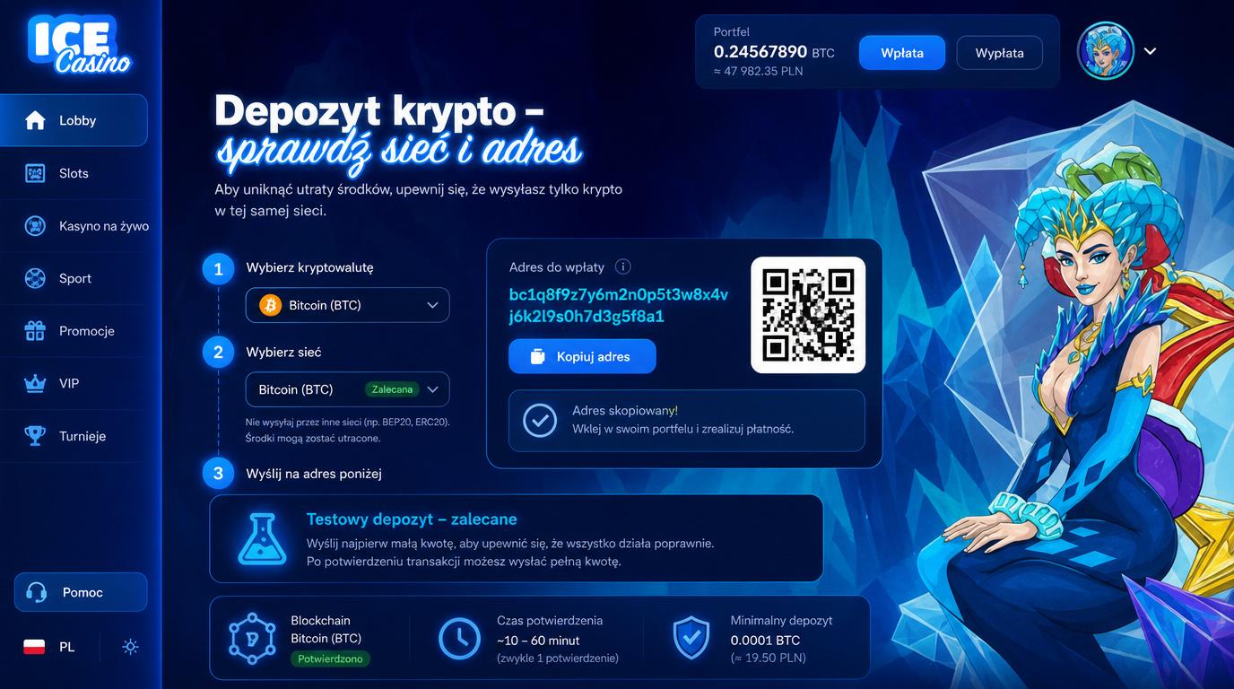Portfel krypto, QR kod i kopiowanie adresu z potwierdzeniem.