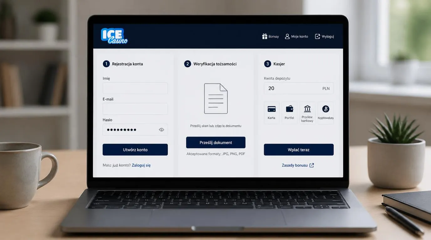 Panel rejestracji, weryfikacji tożsamości i kasy z polem depozytu 20 PLN na ekranie laptopa