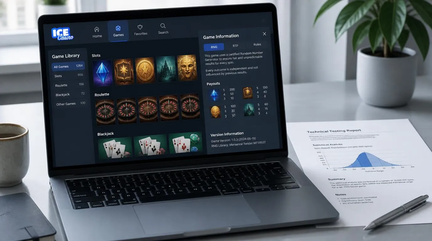 Laptop z biblioteką gier kasynowych i panelem zasad RNG, RTP oraz tabelą wypłat