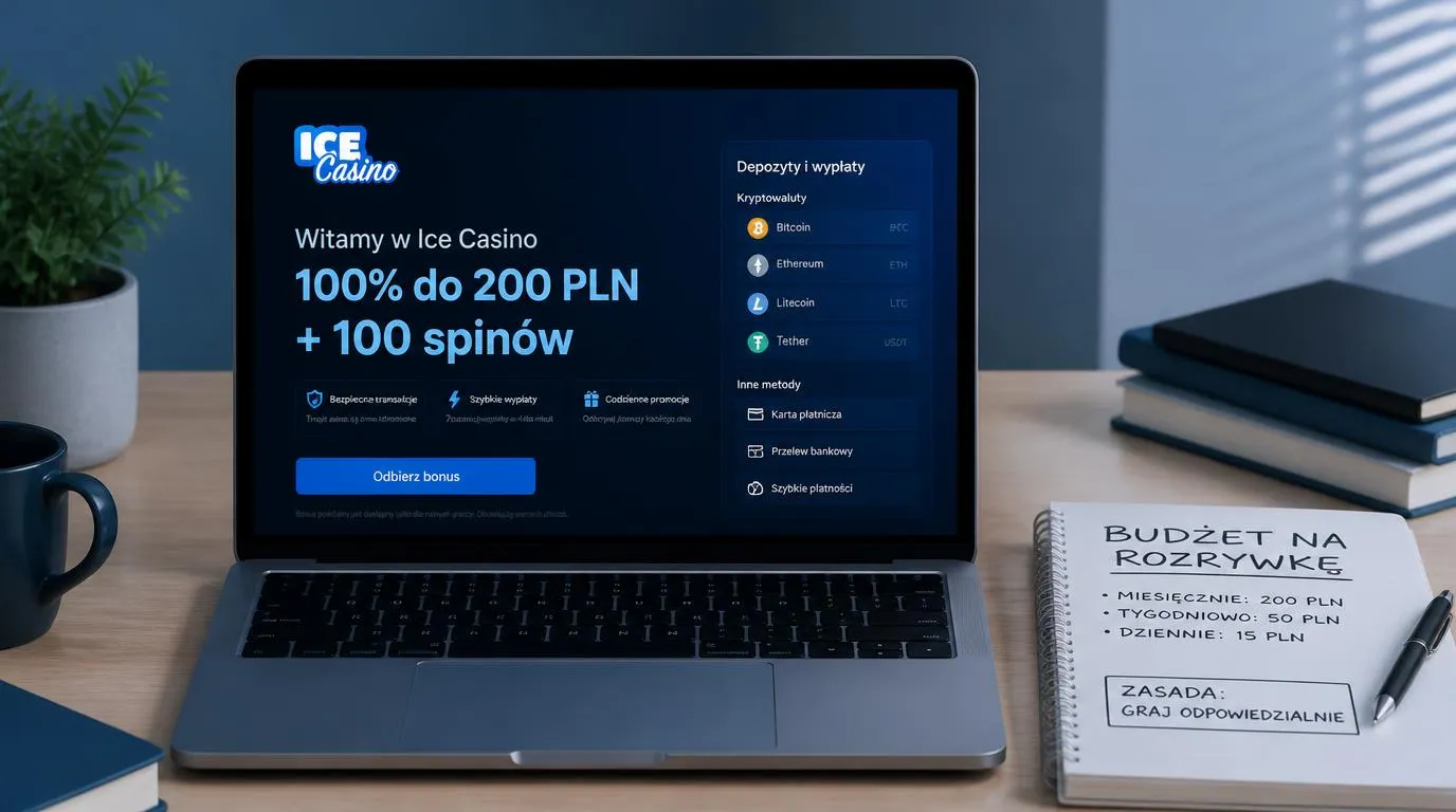 Laptop z ofertą powitalną kasyna, symbole kryptowalut i notes z limitem wydatków